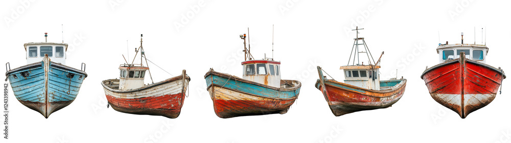 Five weathered fishing boats, a picturesque display of maritime history and coastal charm. Five weathered fishing boats, a picturesque display of maritime history and coastal charm.