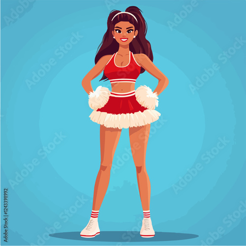 Illustration of a beautiful cheerleader girl. Cheerleader with pompoms in her hands. Cheerleading.