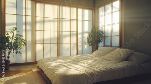 Minimalist bedroom design featuring a futon shoji and sunlight creating calming shadows photo