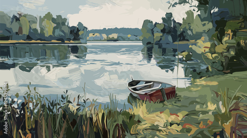 Lakeside Boat Impressionistic Landscape