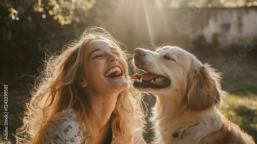dog jumping up to lick its owner’s face as they laugh in a sunlit backyard 