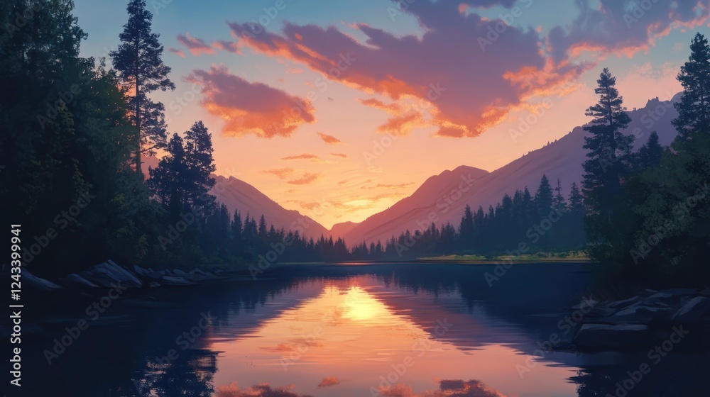 Sunset over mountain lake, tranquil forest, peaceful scene, nature wallpaper Sunset over mountain lake, tranquil forest, peaceful scene, nature wallpaper