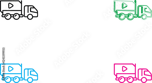 Simple line drawings, delivery trucks, play button icons, colorful outlines, minimalist design, cartoon style, four different colors, black green blue pink, logistics concept, video content delivery, 