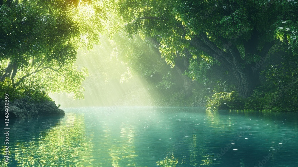 Lush green forest reflects on crystal-clear water with sunlight filtering through trees Lush green forest reflects on crystal-clear water with sunlight filtering through trees