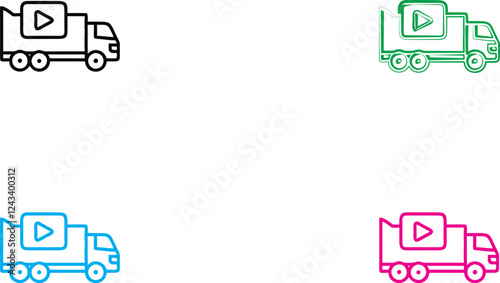 Simple line drawings, delivery trucks, play button icons, colorful outlines, minimalist design, cartoon style, four different colors, black green blue pink, logistics concept, video content delivery, 