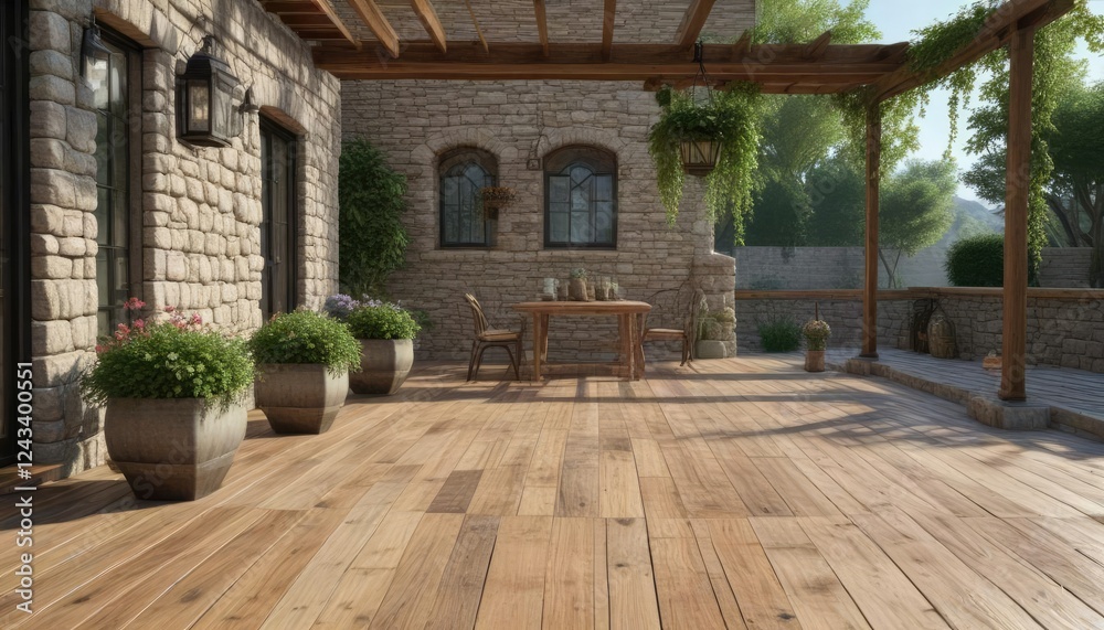 Obraz premium Stone patio with wooden deck and hanging planters, natural beauty, landscaping idea, planters