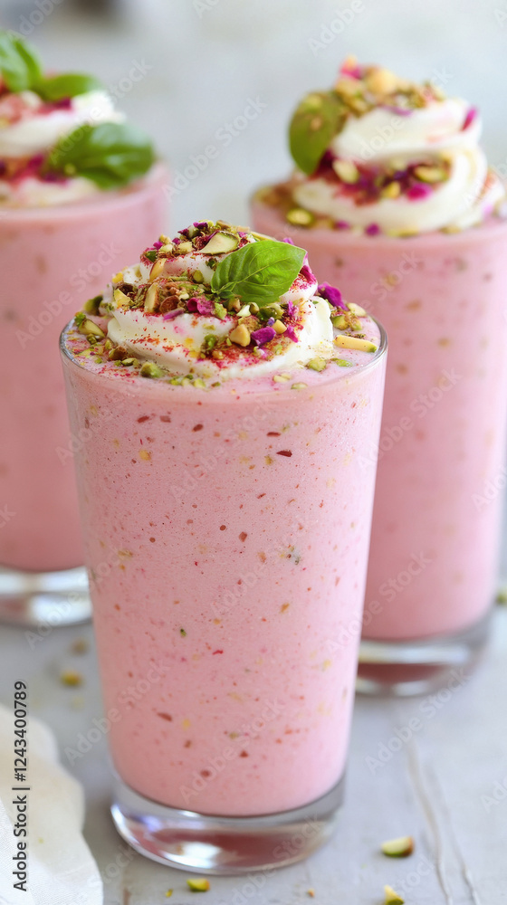 Royal Falooda, is a layered dessert with vermicelli, sweet basil seeds, rose syrup, and ice cream.