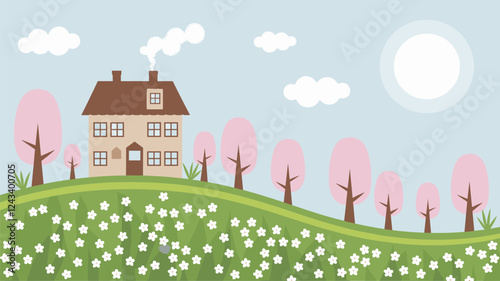 House on Hill with Blossoming Trees