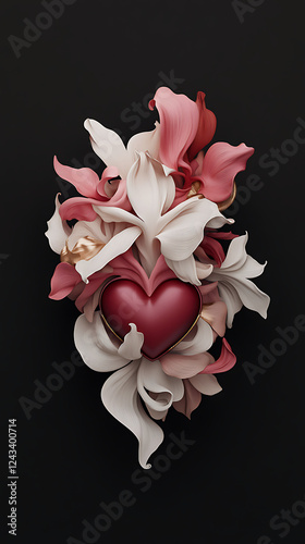 Futuristic neon-themed heart amidst vibrant flowers in an illicit underground ambiance