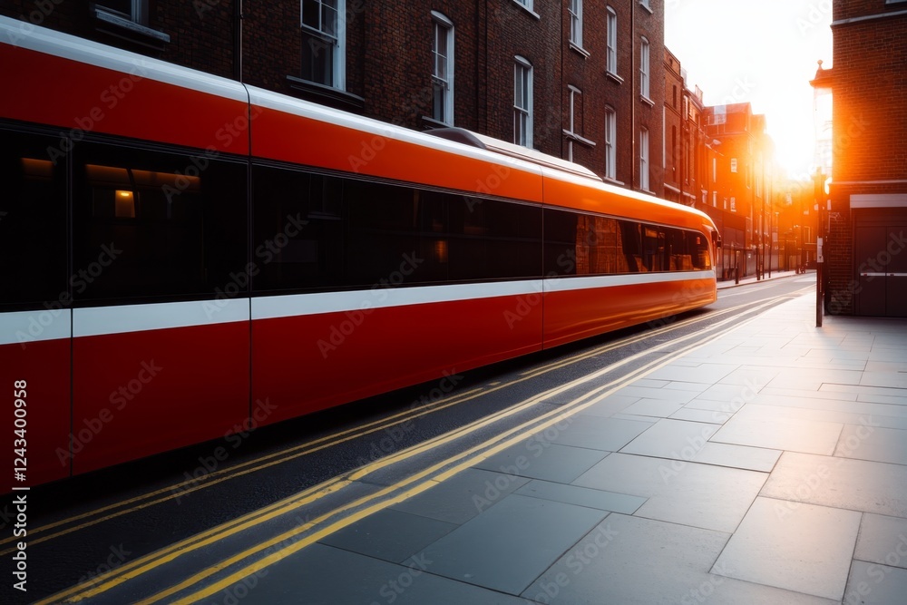 Obraz premium Urban tram travels through city street at sunset illuminating buildings and pavement
