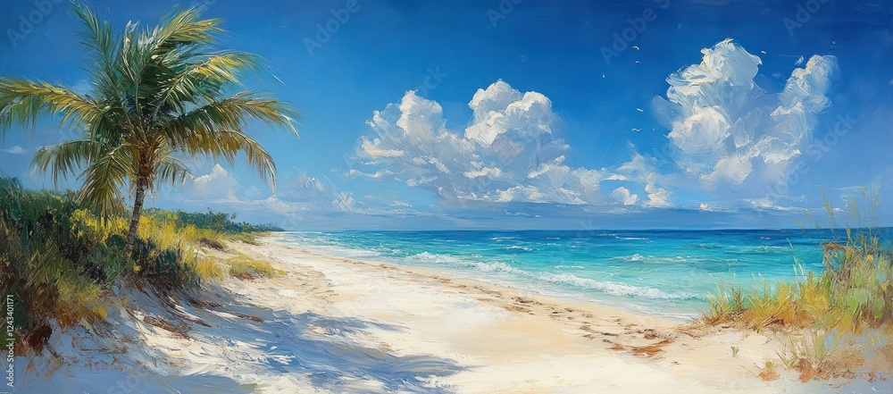 Tropical beach scene with palm tree on sunny day under blue sky and white clouds near turquoise ocean and golden sand Tropical beach scene with palm tree on sunny day under blue sky and white clouds near turquoise ocean and golden sand