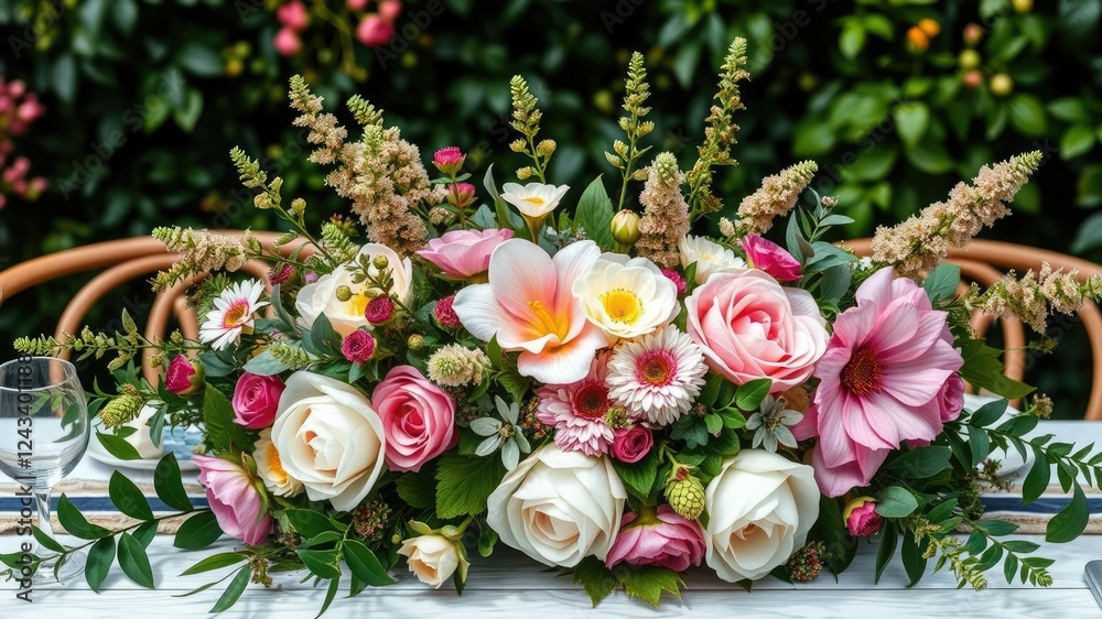 Fototapeta premium Stunning botanical garden-inspired tablescape featuring a beautifully arranged floral bouquet in a mix of soft hues and lush greenery, woven fibers, tropical flowers