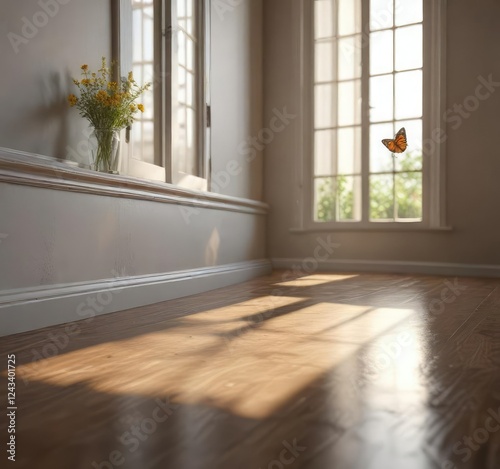 Sunbeam dancing across the floor, butterfly alights on windowsill, windowsill, wingbeat, insect photo