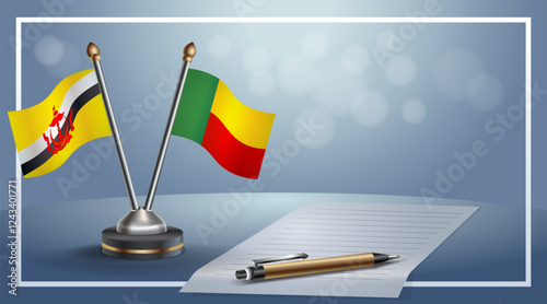 Brunei and Benin National flags on small table with bokeh background, cooperative relationship