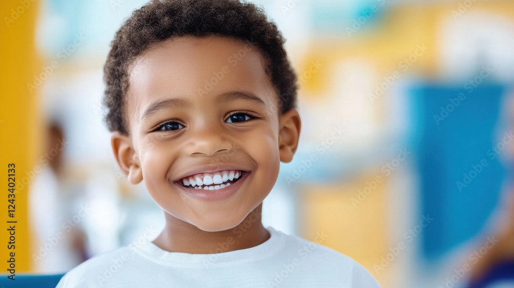 Young boy with bright smile enjoying playtime indoors in colorful environment during daytime Young boy with bright smile enjoying playtime indoors in colorful environment during daytime