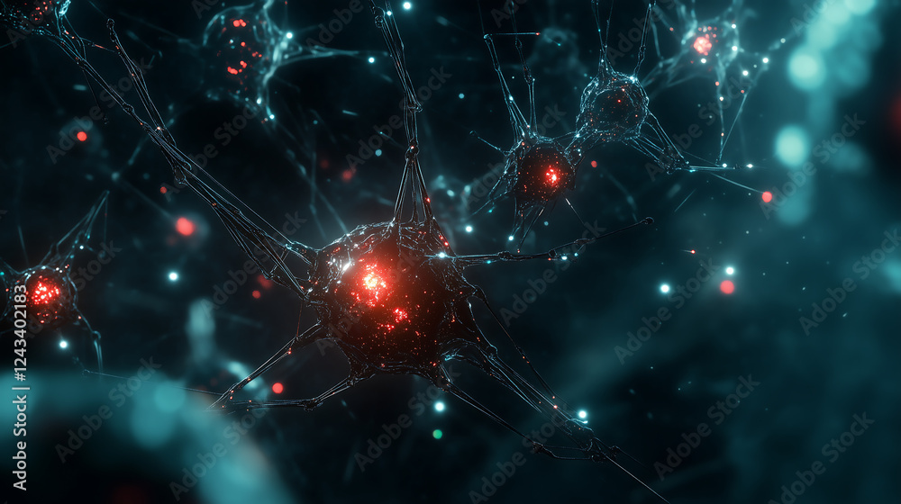 Obraz premium Futuristic AI Neural Network with Interconnected Glowing Nodes and Dynamic Digital Structures Featuring Bright Red and Blue Luminous Patterns in an Abstract High-Tech Brain Connectivity Background 