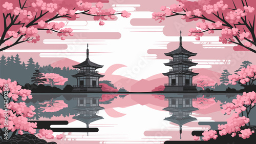 Pagodas at Sunset with Cherry Blossoms Reflection