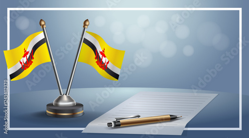 Brunei and Brunei National flags on small table with bokeh background, cooperative relationship