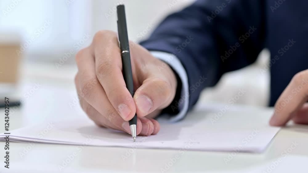 Young businessman in working process write notebook and Signing Legal Paper In Office business. 4K