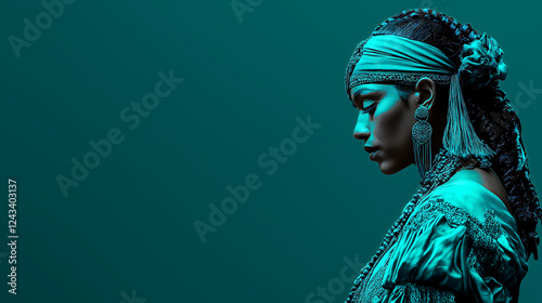 Gypsy dancer in vibrant attire evokes chaos and mystique against a dark, psychedelic backdrop of neon colors