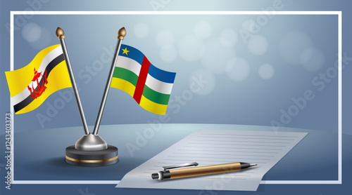 Brunei and Central African Republic National flags on small table with bokeh background, cooperative relationship
