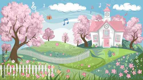 Spring Schoolhouse Landscape with Blossoms