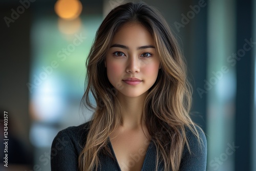 Confident professional woman in modern office portrait smiling looking at camera