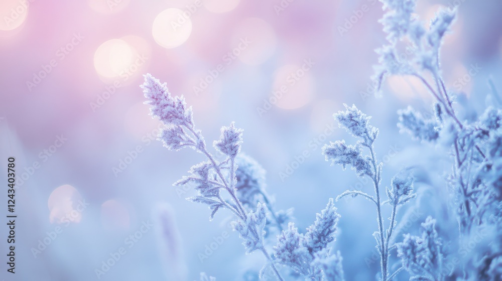 Naklejka premium Frosted plants illuminated by soft light create a serene atmosphere with cool-toned gradient from icy blue to pale pink