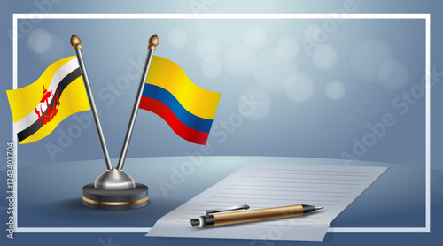 Brunei and Colombia National flags on small table with bokeh background, cooperative relationship