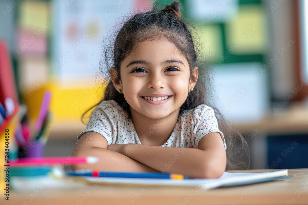 Happy smiling indian school girl studying at home sitting at desk. Smart cute hispanic kid primary school student writing in notebook Happy smiling indian school girl studying at home sitting at desk. Smart cute hispanic kid primary school student writing in notebook