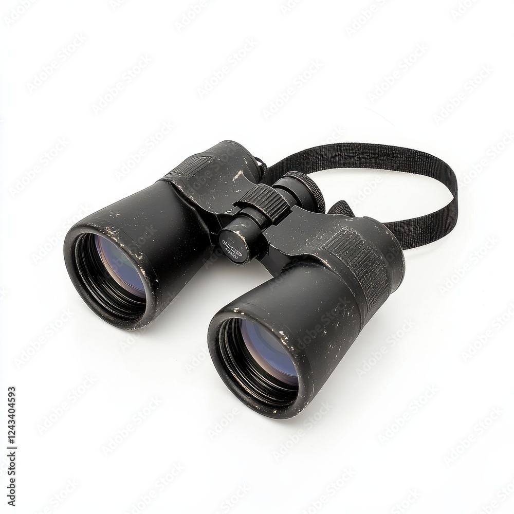 Compact black binoculars with a neck strap for outdoor observation during nature exploration Compact black binoculars with a neck strap for outdoor observation during nature exploration