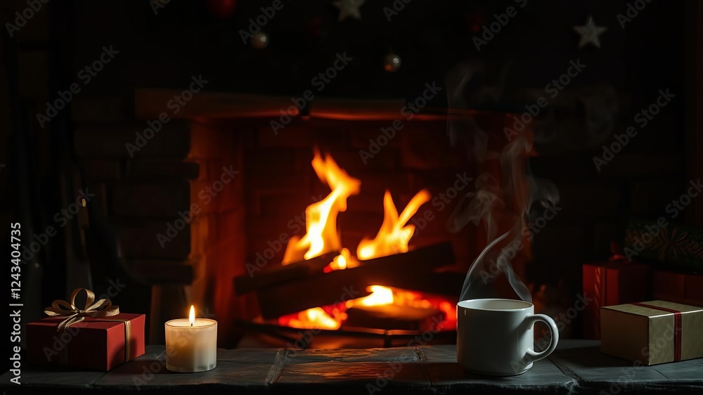 Cozy Christmas scene with mugs of hot drink by rustic fireplace, festive decorations, and American rifles on stand, rustic fireplace, hot drink, flame Cozy Christmas scene with mugs of hot drink by rustic fireplace, festive decorations, and American rifles on stand, rustic fireplace, hot drink, flame