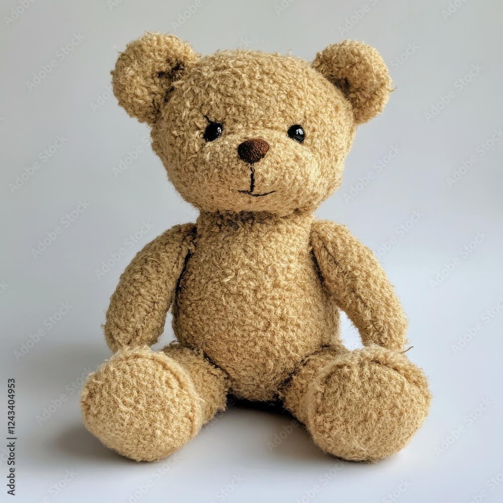 Obraz premium Classic teddy bear with soft brown texture sits upright against a light background radiating warmth and comfort