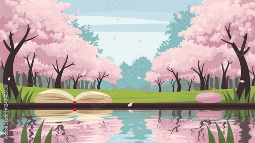 Cherry Blossom Forest with Book and Pond