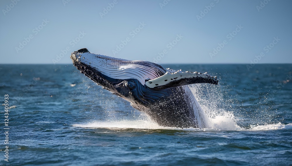 Fototapeta premium A humpback whale launching from the ocean, splashing water in every direction