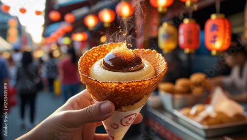 A golden-brown taiyaki, filled with custard or chocolate, glistens in the warm light, set against a bustling street market.
