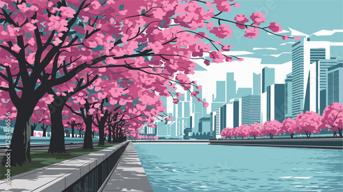Cherry Blossoms Waterfront Cityscape