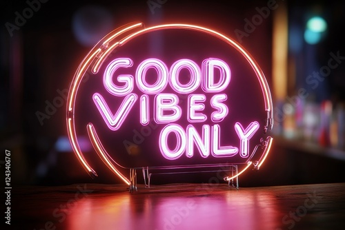 Good vibes only neon sign in a lively bar showcases a vibrant atmosphere and positive energy during an evening social gathering