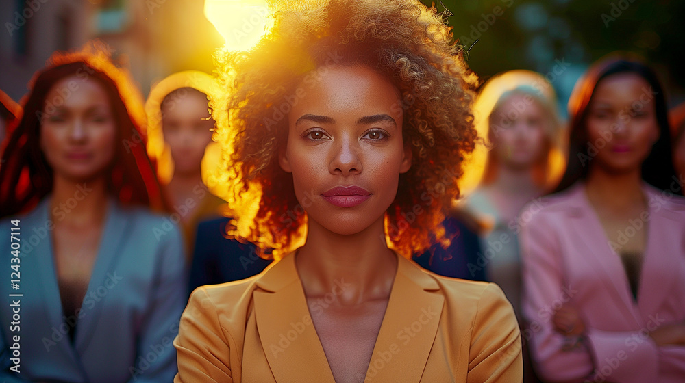 Fototapeta premium Embrace the Power of women: International Women's Day, a diverse and powerful group of women stand confidently in a modern urban environment. Celebrate diversity, strength and confidence.