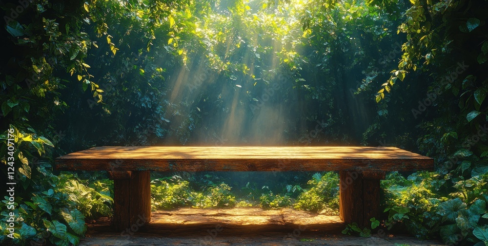 Serene Nature Scene with Wooden Table and Vibrant Green Foliage in Soft Sunlight Outdoors Serene Nature Scene with Wooden Table and Vibrant Green Foliage in Soft Sunlight Outdoors