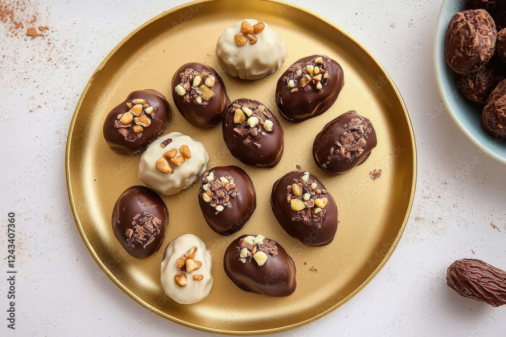 Fototapeta premium top view of chocolate dates plated on golden background