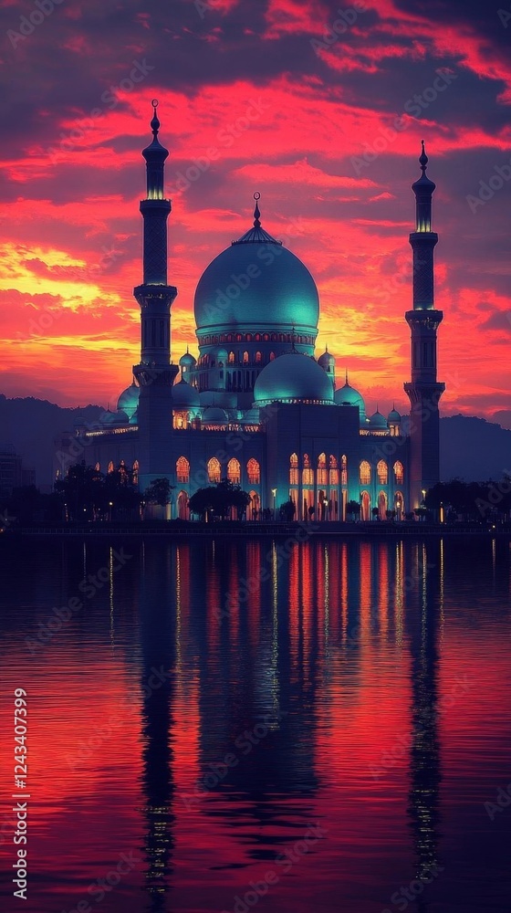 Naklejka premium Majestic Mosque at Sunset with Red Sky Reflection