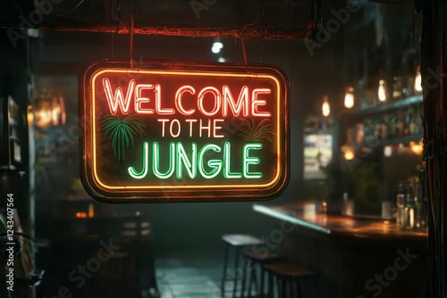 Fototapeta Naklejka Na Ścianę i Meble -  Neon sign illuminates a vibrant bar entrance with a jungle theme at night