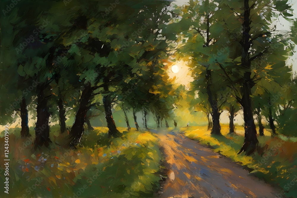 Fototapeta premium The setting sun in a clearing painting