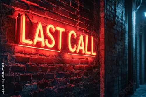 Bright last call neon sign illuminating alleyway during late night hours in urban setting