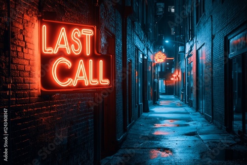 Bright neon sign illuminates a narrow alleyway during the late hours of the night photo