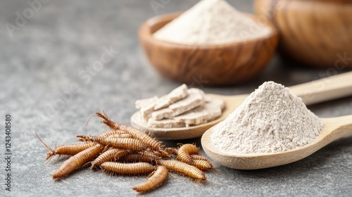 Mealworm Flour and Larvae on Wooden Spoons