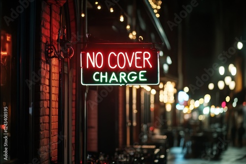 Neon sign advertising no cover charge brightens a lively street at night