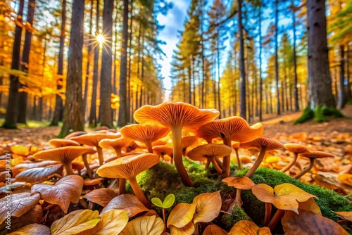 Finnish Pinewood Gingertail Mushroom Aerial View - Golden Trumpet Fungi Autumn Forest photo