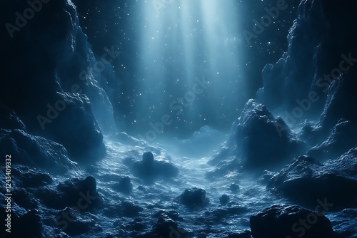 Mystical blue cave with light beams.